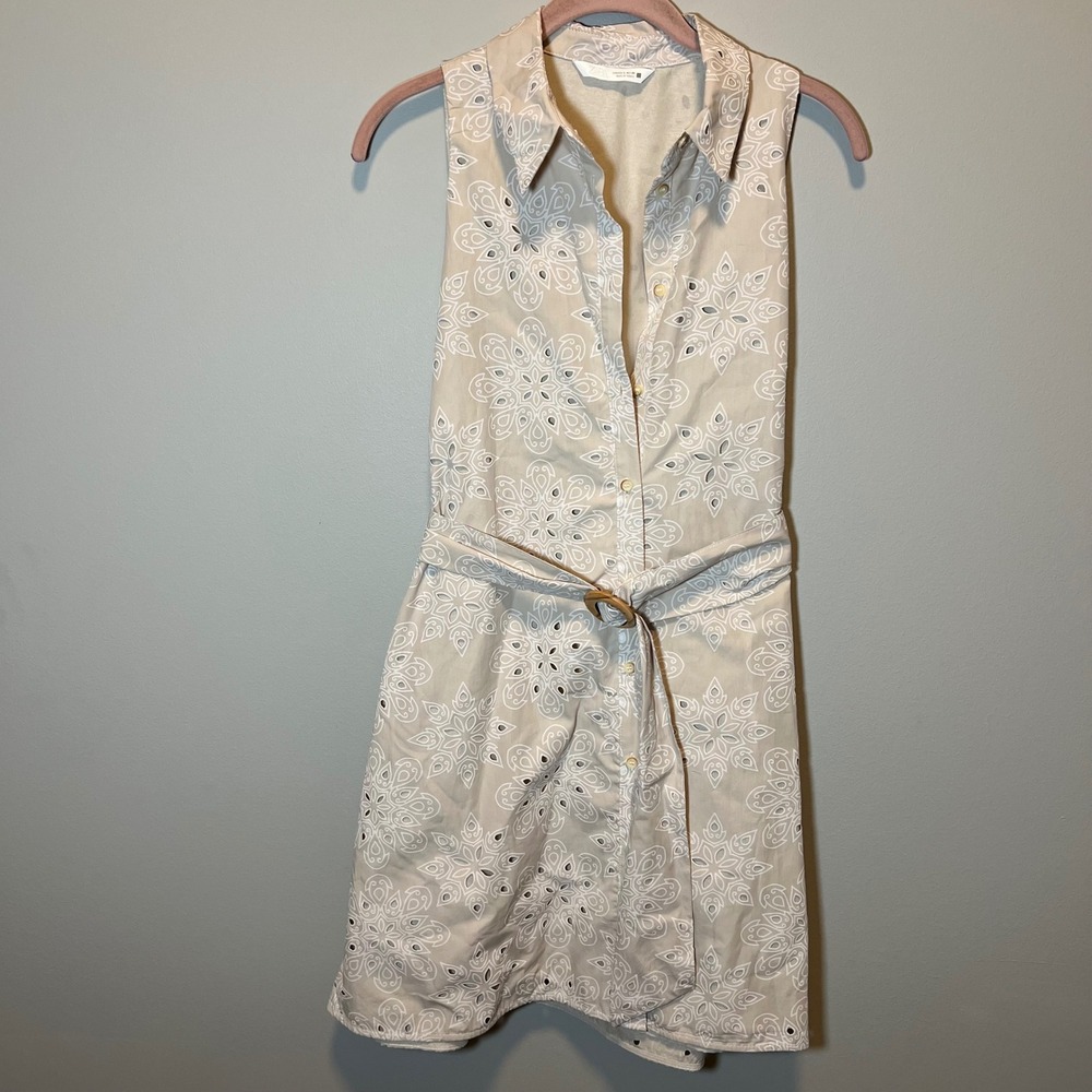 Zara Women's Beige Eyelet Floral Embroidered Belted Sleeveless Mini Shirt Dress